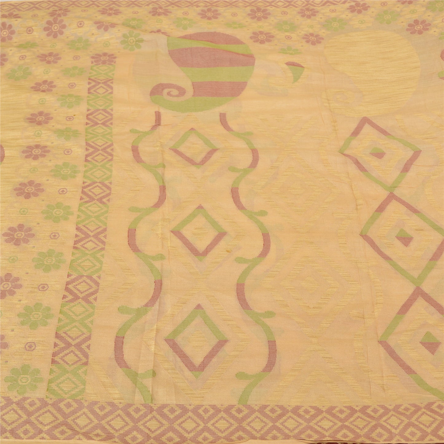 Sanskriti Vintage Cream Sarees 100% Pure Silk Woven Sari Craft 5 Yard Sustainable Fabric