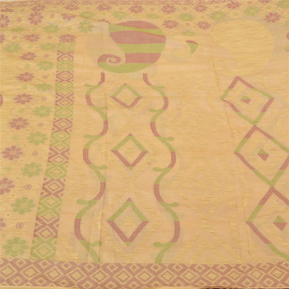 Sanskriti Vintage Cream Sarees 100% Pure Silk Woven Sari Craft 5 Yard Sustainable Fabric