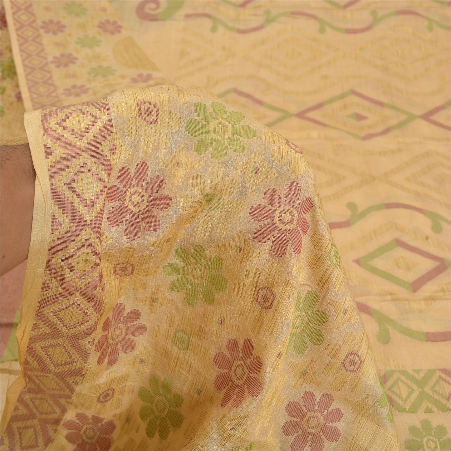 Sanskriti Vintage Cream Sarees 100% Pure Silk Woven Sari Craft 5 Yard Sustainable Fabric