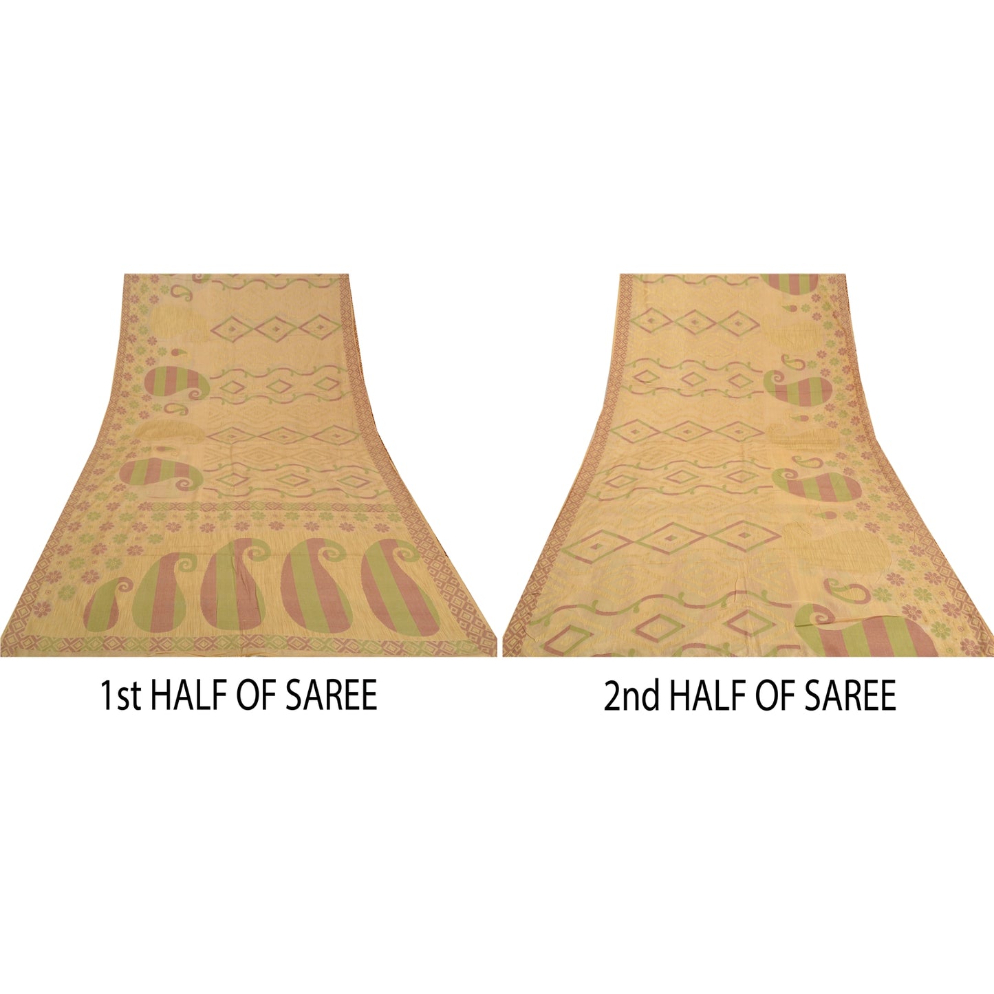 Sanskriti Vintage Cream Sarees 100% Pure Silk Woven Sari Craft 5 Yard Sustainable Fabric