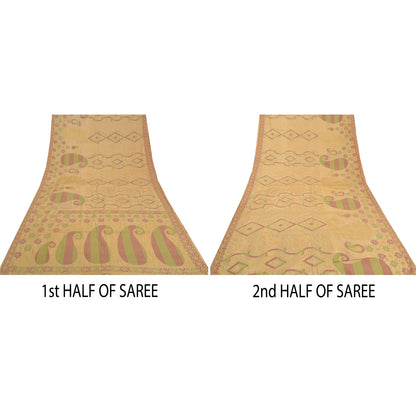 Sanskriti Vintage Cream Sarees 100% Pure Silk Woven Sari Craft 5 Yard Sustainable Fabric