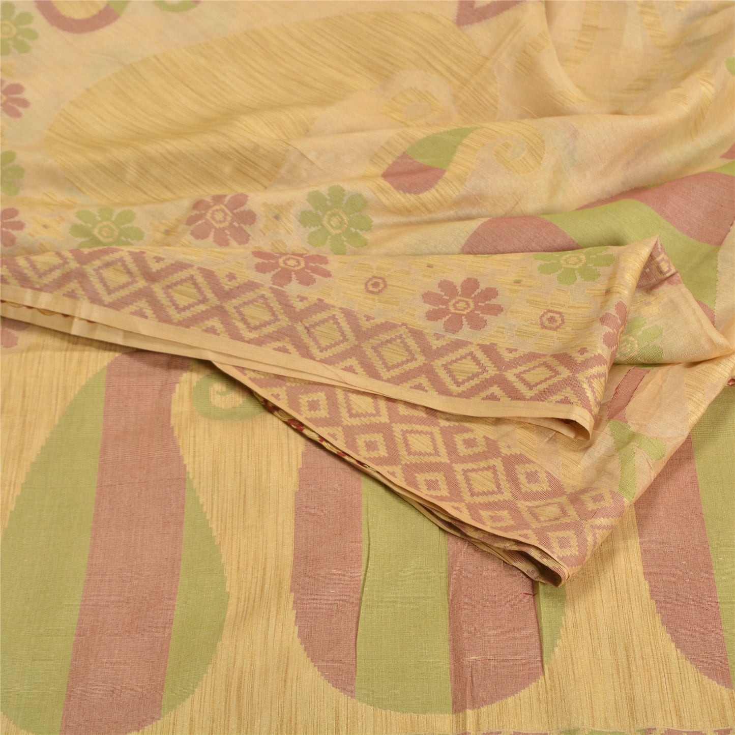 Sanskriti Vintage Cream Sarees 100% Pure Silk Woven Sari Craft 5 Yard Sustainable Fabric