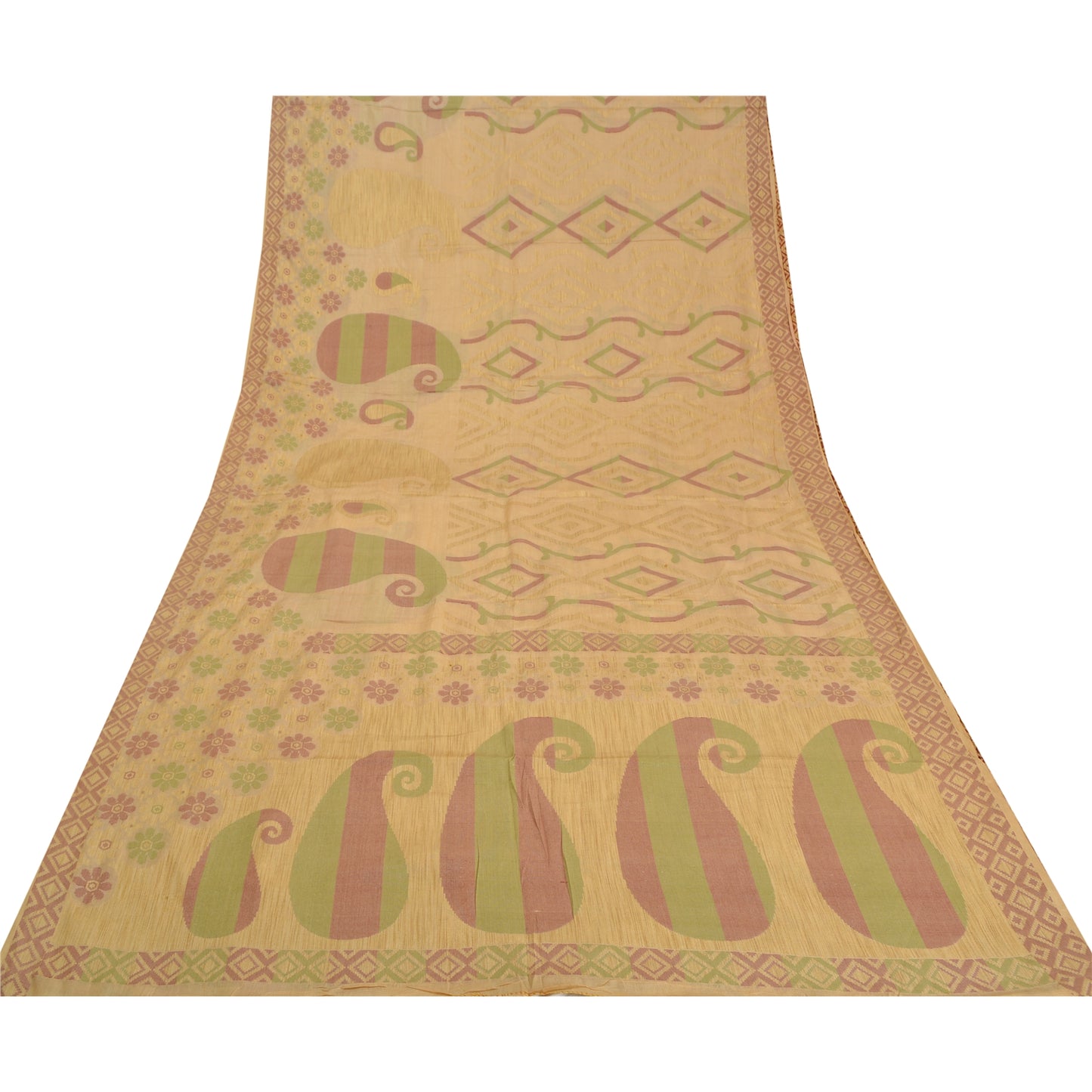 Sanskriti Vintage Cream Sarees 100% Pure Silk Woven Sari Craft 5 Yard Sustainable Fabric