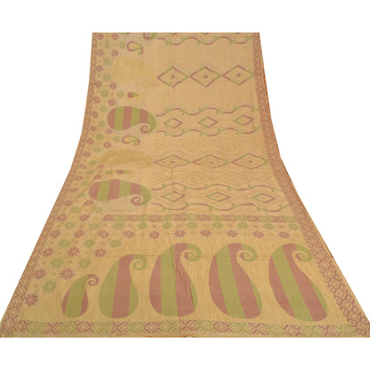 Sanskriti Vintage Cream Sarees 100% Pure Silk Woven Sari Craft 5 Yard Sustainable Fabric