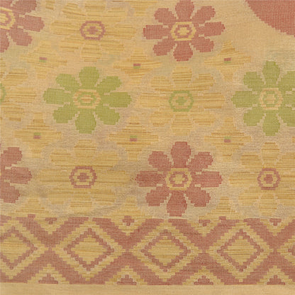 Sanskriti Vintage Cream Sarees 100% Pure Silk Woven Sari Craft 5 Yard Sustainable Fabric