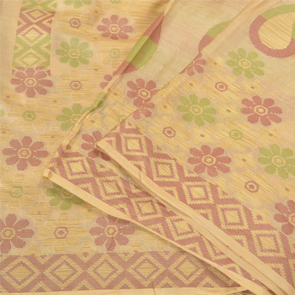 Sanskriti Vintage Cream Sarees 100% Pure Silk Woven Sari Craft 5 Yard Sustainable Fabric