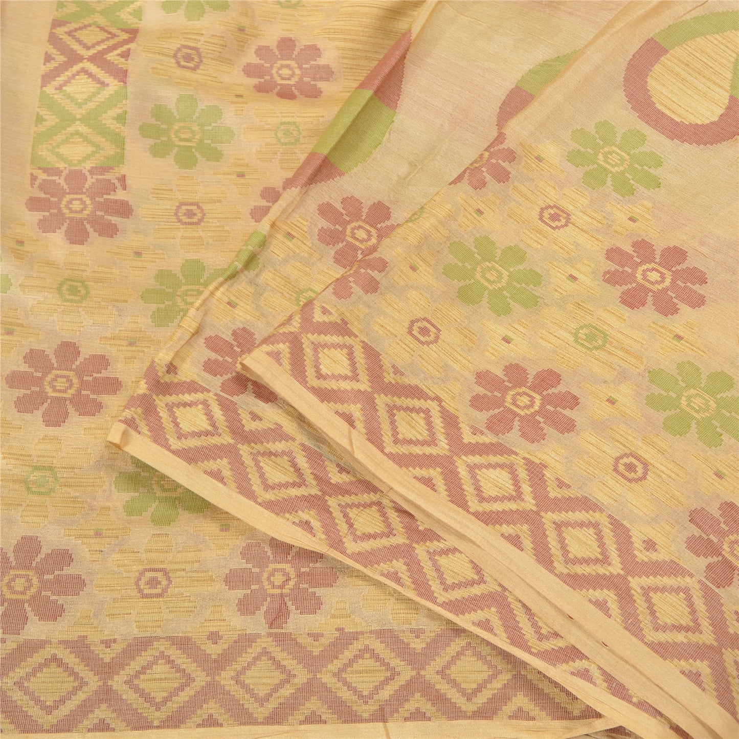 Sanskriti Vintage Cream Sarees 100% Pure Silk Woven Sari Craft 5 Yard Sustainable Fabric