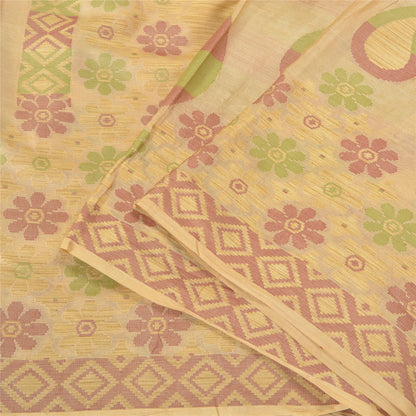 Sanskriti Vintage Cream Sarees 100% Pure Silk Woven Sari Craft 5 Yard Sustainable Fabric