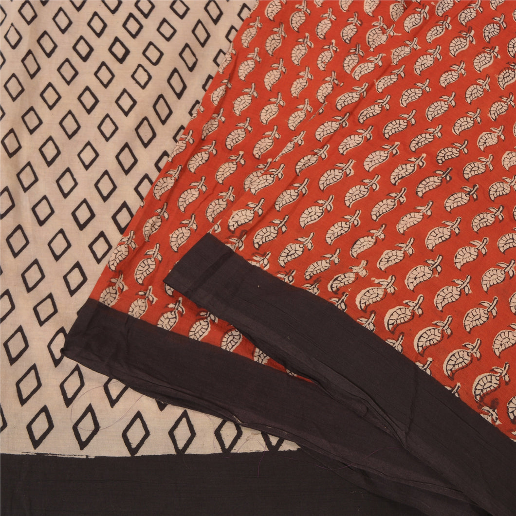 Sanskriti Vintage Red/Cream Sarees 100% Pure Cotton Hand-Block Print Sari Fabric