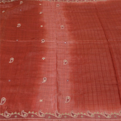 Sanskriti Vintage Dark Red Sarees Pure Silk Hand Beaded Woven Sari Craft Sustainable Fabric