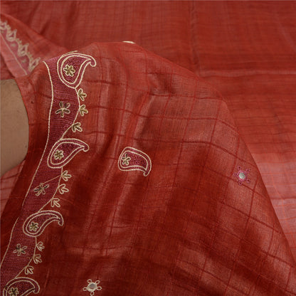 Sanskriti Vintage Dark Red Sarees Pure Silk Hand Beaded Woven Sari Craft Sustainable Fabric