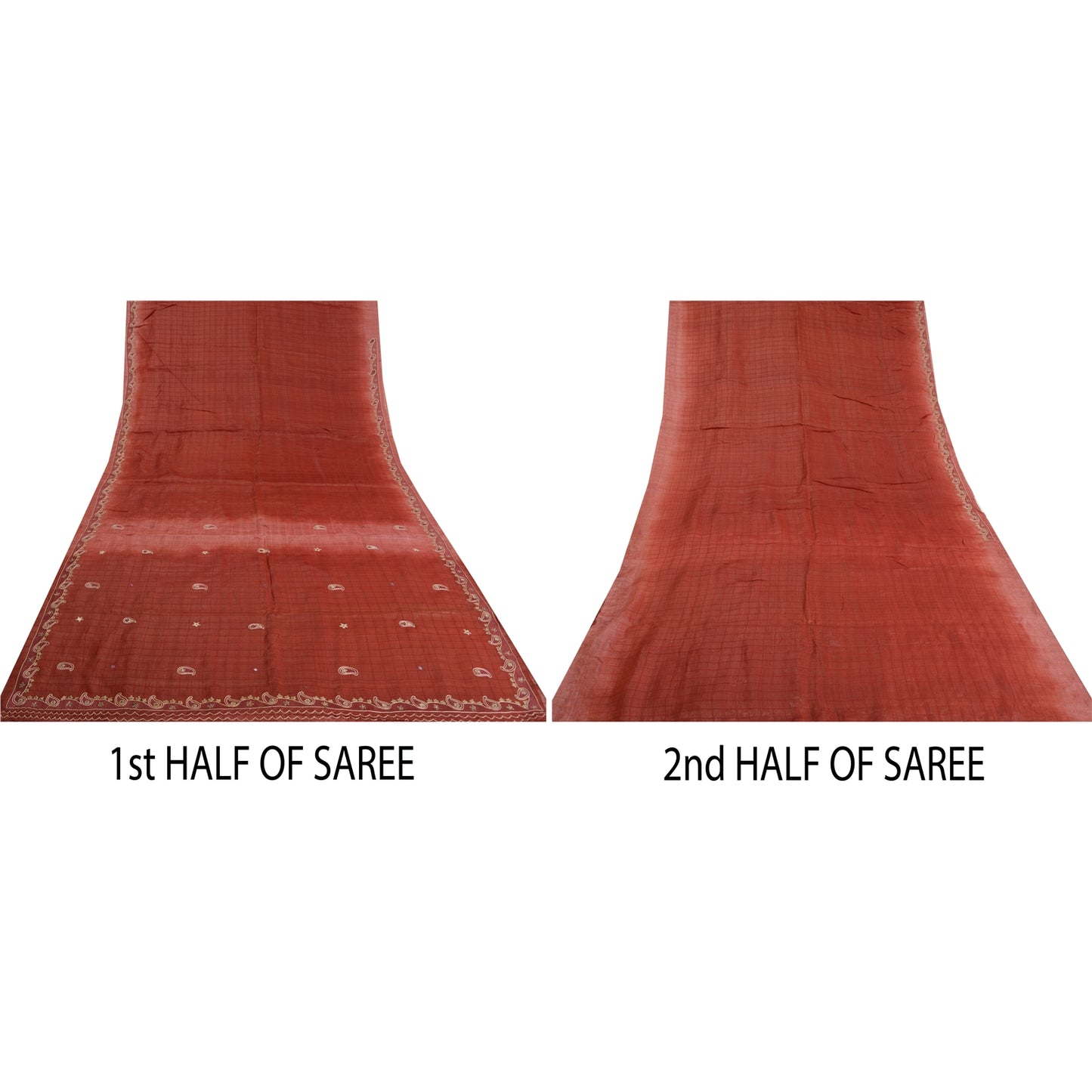 Sanskriti Vintage Dark Red Sarees Pure Silk Hand Beaded Woven Sari Craft Sustainable Fabric