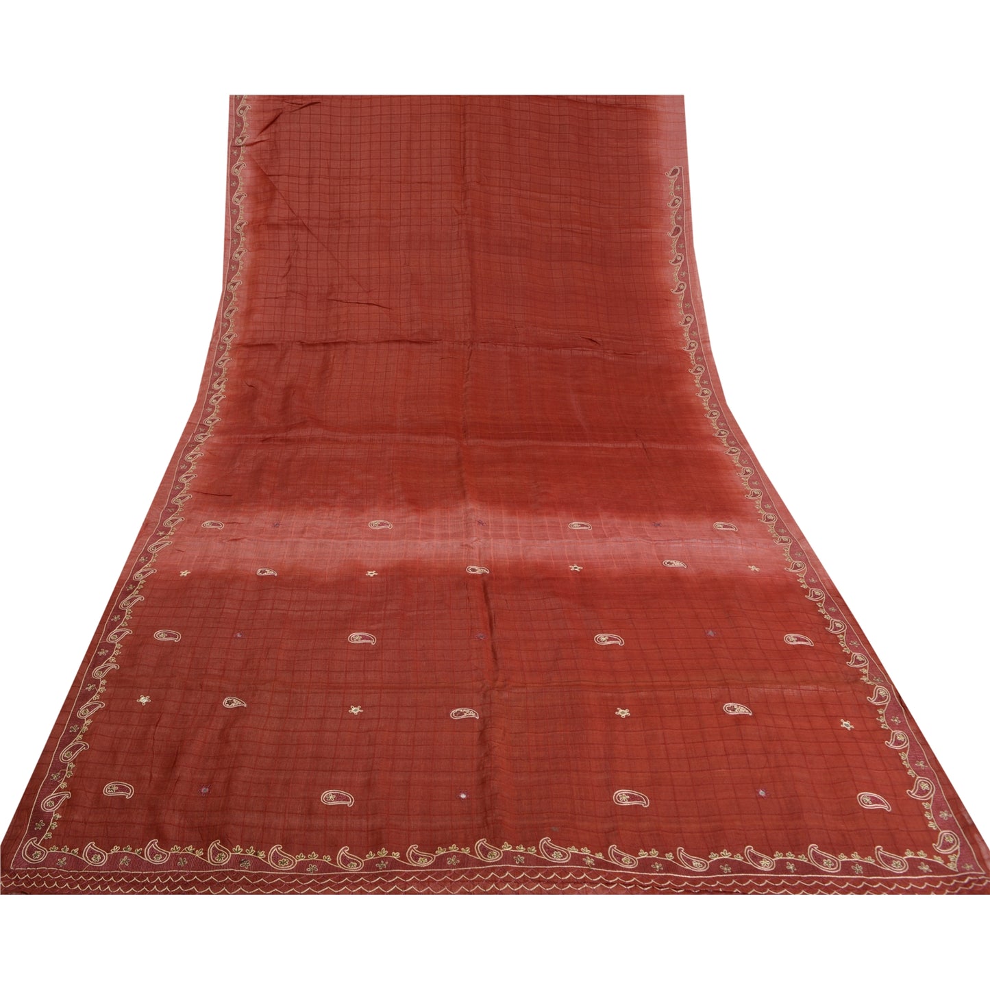 Sanskriti Vintage Dark Red Sarees Pure Silk Hand Beaded Woven Sari Craft Sustainable Fabric