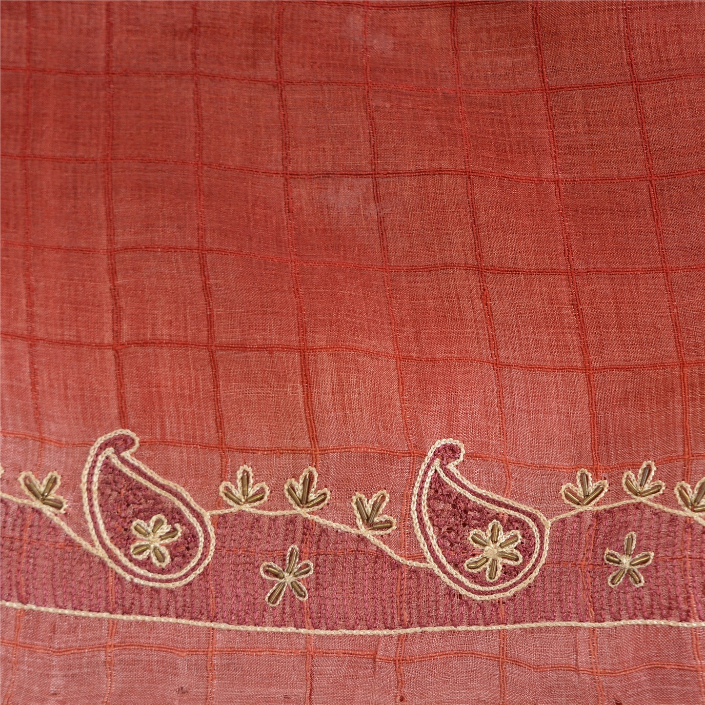 Sanskriti Vintage Dark Red Sarees Pure Silk Hand Beaded Woven Sari Craft Sustainable Fabric