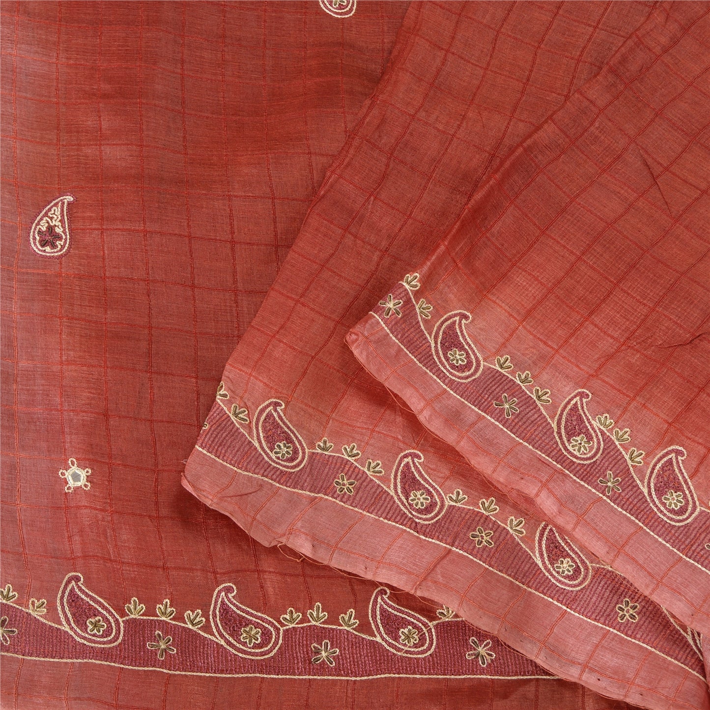 Sanskriti Vintage Dark Red Sarees Pure Silk Hand Beaded Woven Sari Craft Sustainable Fabric