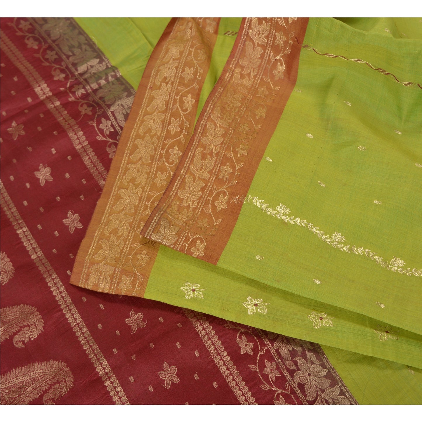Sanskriti Vintage Green Sarees Cotton Silk Woven Brocade/Banarasi Sari Sustainable Fabric