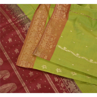Sanskriti Vintage Green Sarees Cotton Silk Woven Brocade/Banarasi Sari Sustainable Fabric