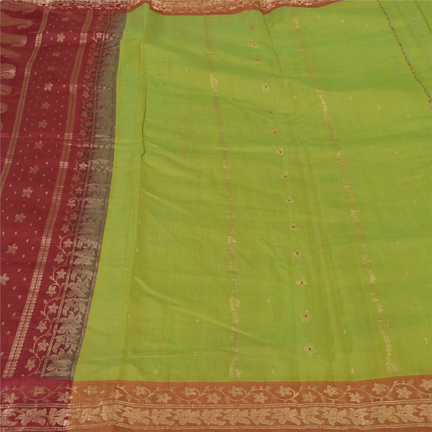 Sanskriti Vintage Green Sarees Cotton Silk Woven Brocade/Banarasi Sari Sustainable Fabric