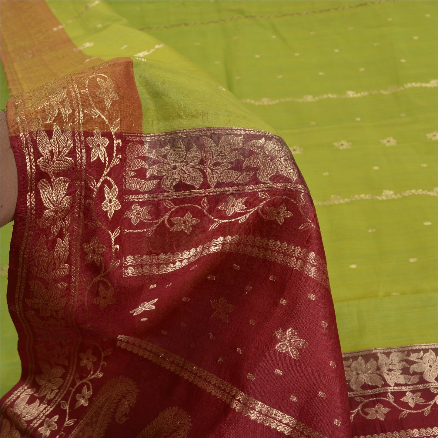 Sanskriti Vintage Green Sarees Cotton Silk Woven Brocade/Banarasi Sari Sustainable Fabric