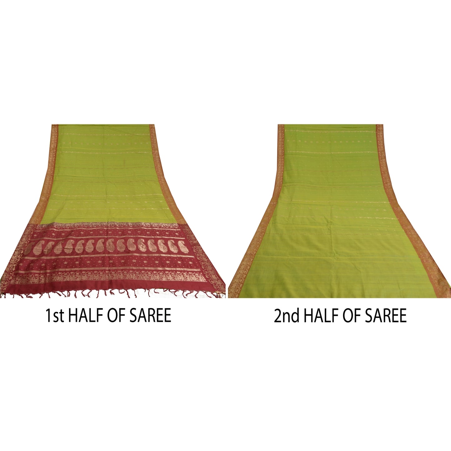 Sanskriti Vintage Green Sarees Cotton Silk Woven Brocade/Banarasi Sari Sustainable Fabric