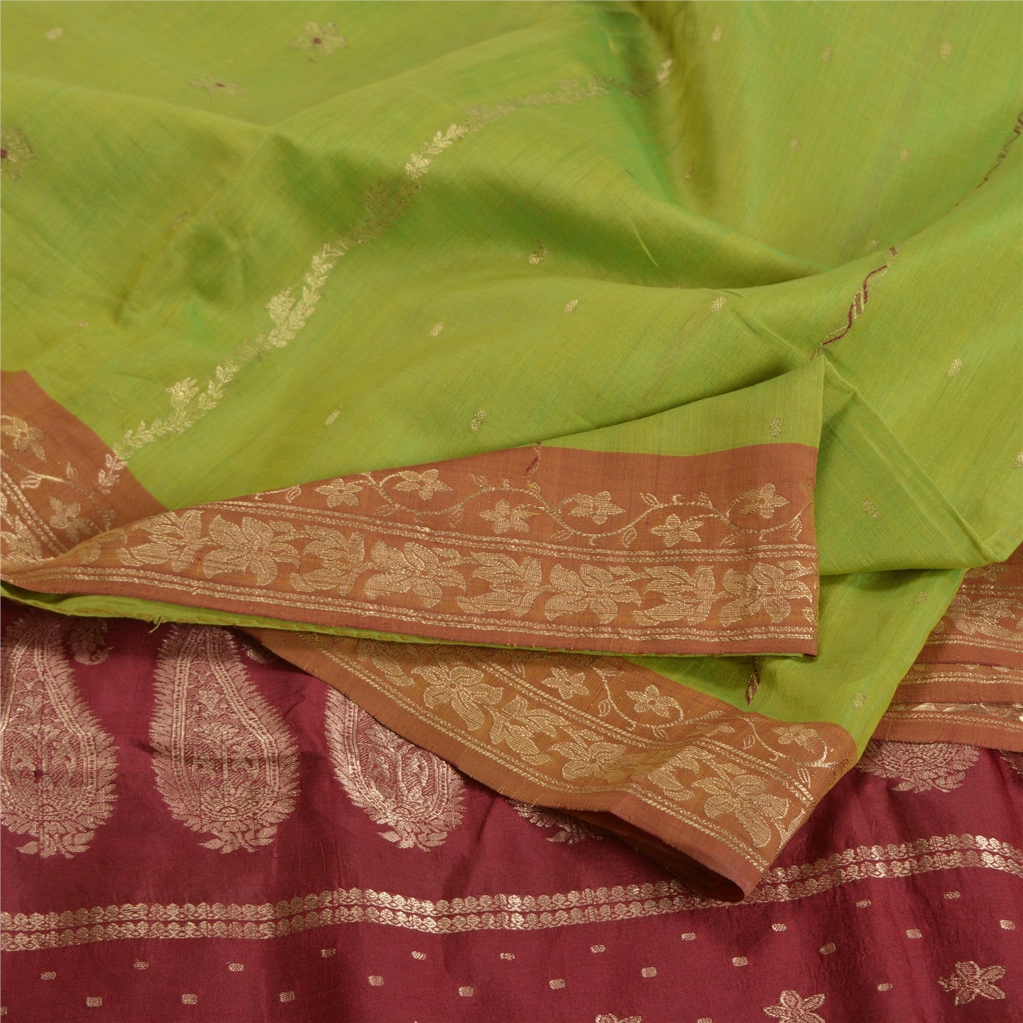 Sanskriti Vintage Green Sarees Cotton Silk Woven Brocade/Banarasi Sari Sustainable Fabric