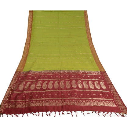 Sanskriti Vintage Green Sarees Cotton Silk Woven Brocade/Banarasi Sari Sustainable Fabric