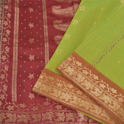 Sanskriti Vintage Green Sarees Cotton Silk Woven Brocade/Banarasi Sari Sustainable Fabric