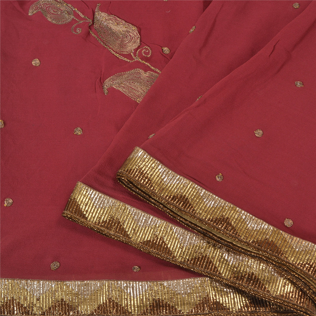 Sanskriti Vintage Dark Red Sarees Pure Georgette Silk Embroidered Sari Fabric