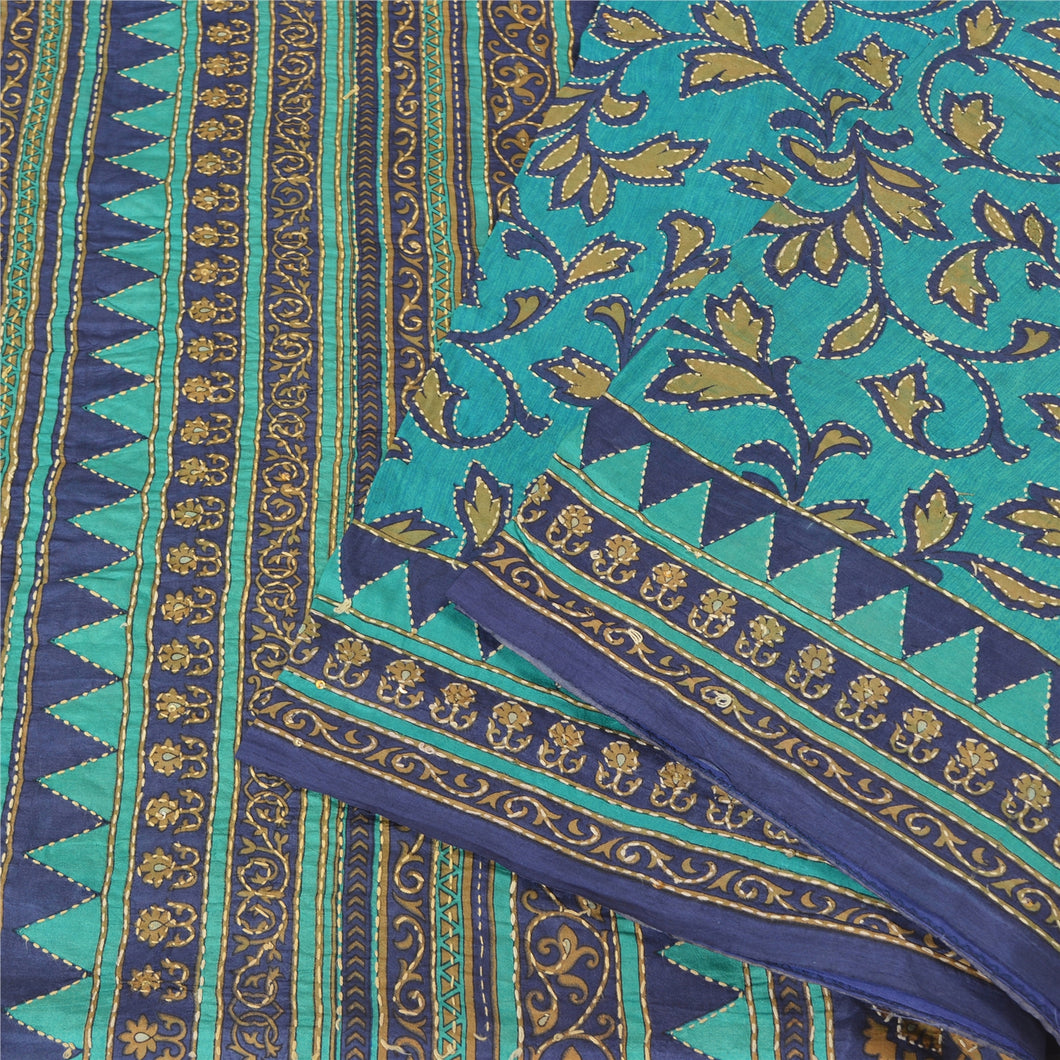 Sanskriti Vintage Blue Sarees Pure Silk Hand Beaded Kantha Sari Craft Fabric
