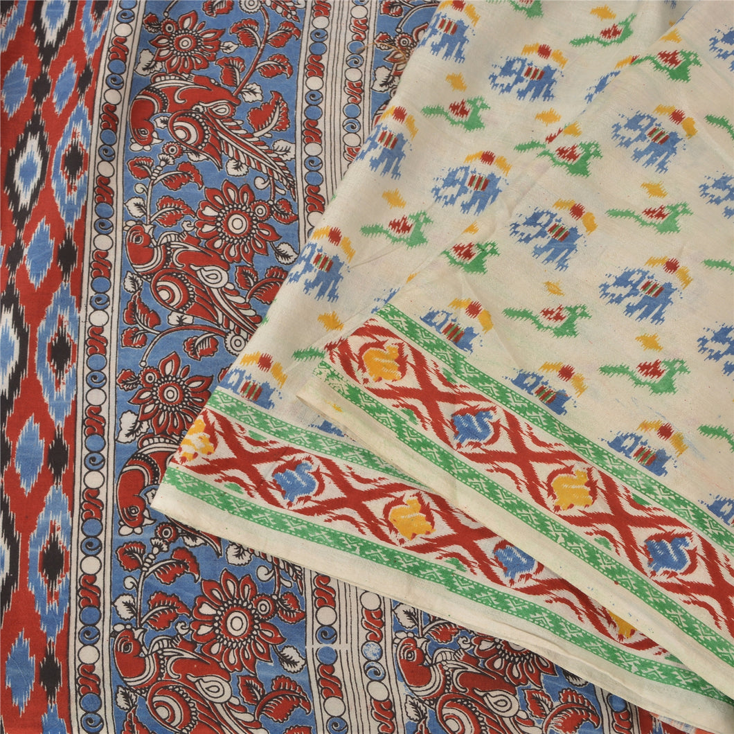 Sanskriti Vintage Ivory/Blue Sarees Pure Cotton Kalamkari Printed Sari Fabric