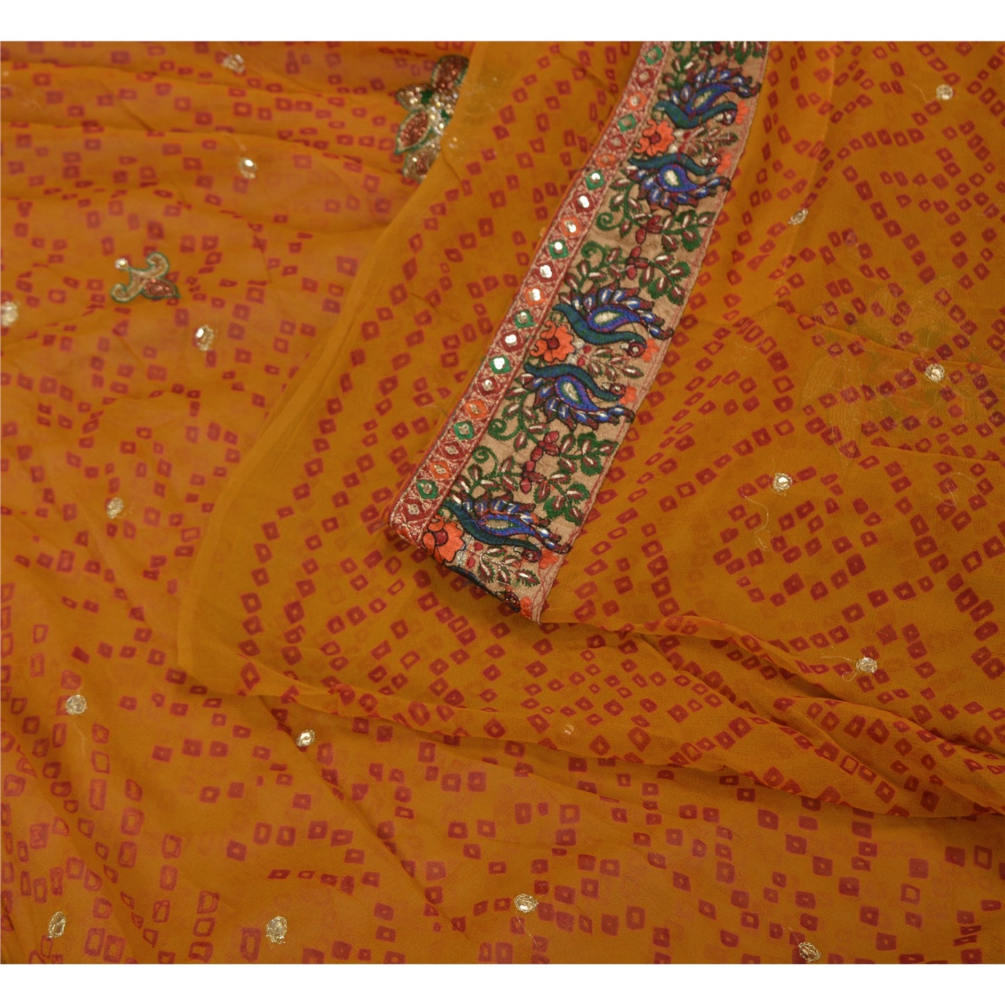 Sanskriti Vintage Saffron Sarees Pure Georgette Hand Beads Bandhani Sari Sustainable Fabric