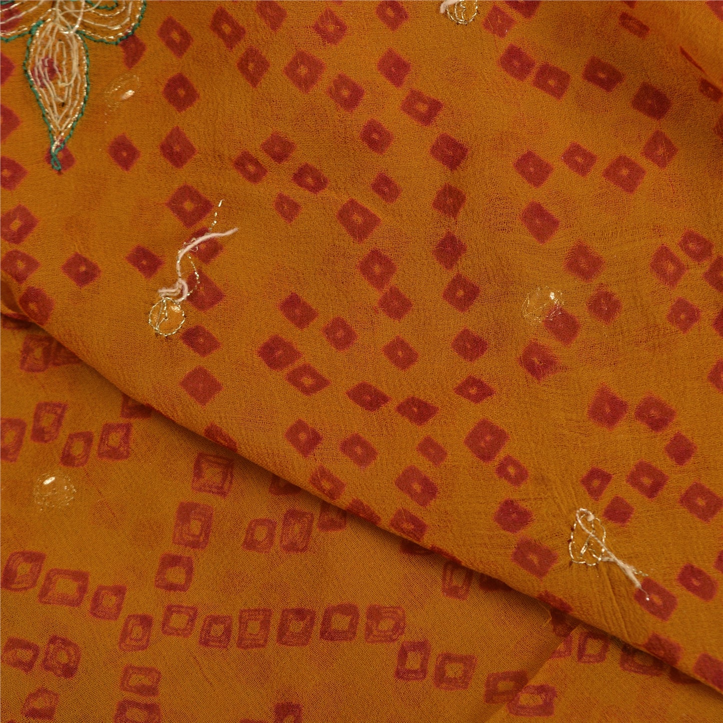 Sanskriti Vintage Saffron Sarees Pure Georgette Hand Beads Bandhani Sari Sustainable Fabric