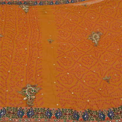 Sanskriti Vintage Saffron Sarees Pure Georgette Hand Beads Bandhani Sari Sustainable Fabric