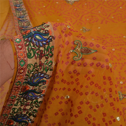 Sanskriti Vintage Saffron Sarees Pure Georgette Hand Beads Bandhani Sari Sustainable Fabric