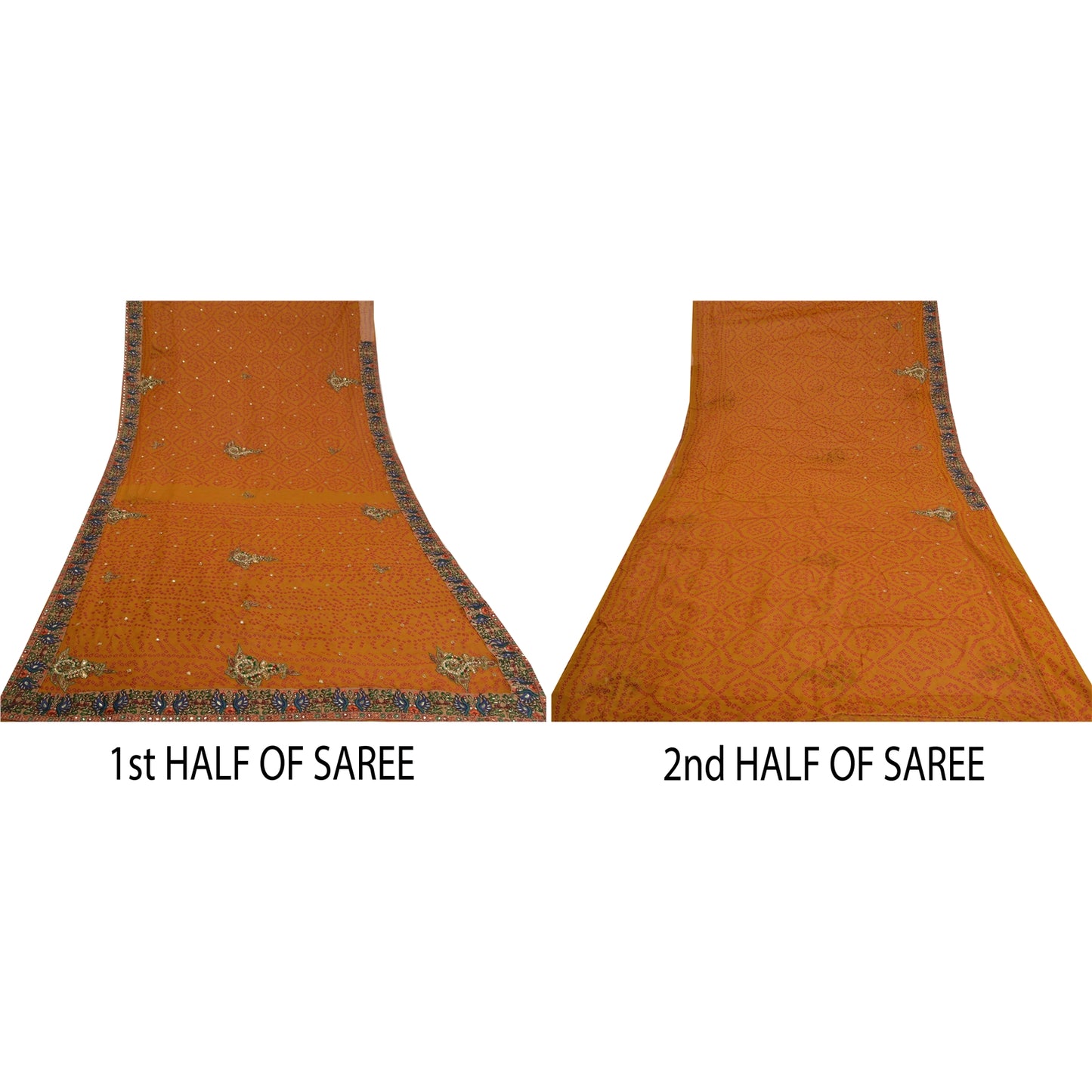 Sanskriti Vintage Saffron Sarees Pure Georgette Hand Beads Bandhani Sari Sustainable Fabric