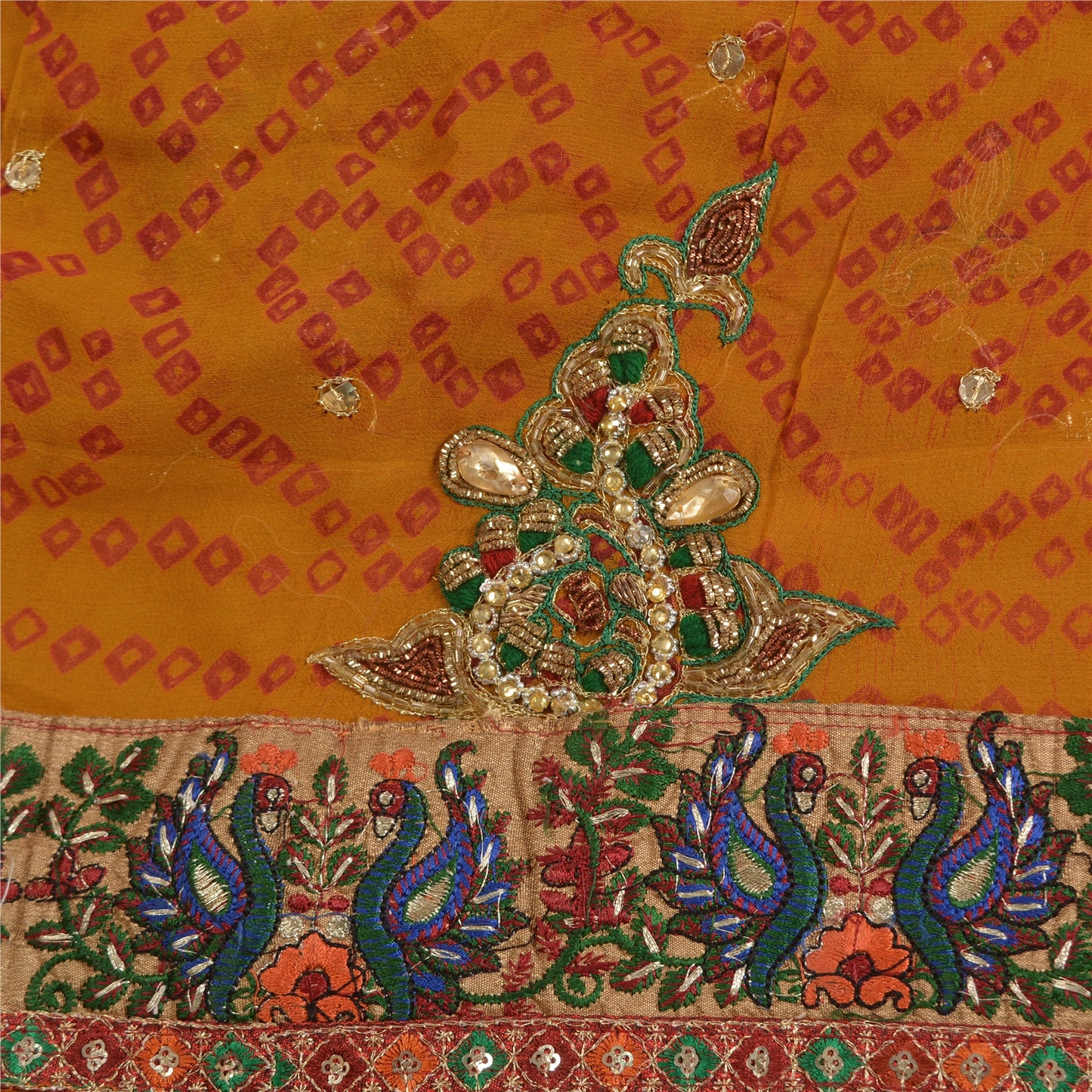 Sanskriti Vintage Saffron Sarees Pure Georgette Hand Beads Bandhani Sari Sustainable Fabric