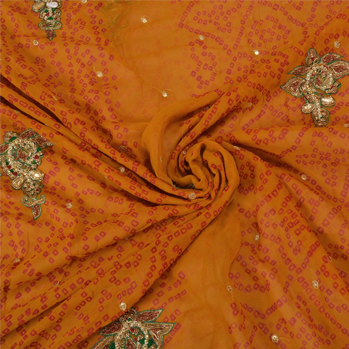 Sanskriti Vintage Saffron Sarees Pure Georgette Hand Beads Bandhani Sari Sustainable Fabric