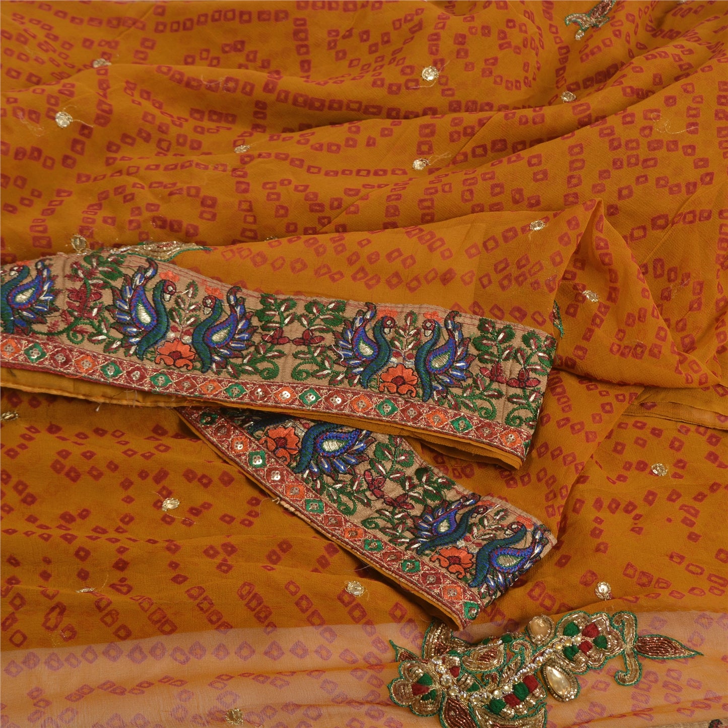 Sanskriti Vintage Saffron Sarees Pure Georgette Hand Beads Bandhani Sari Sustainable Fabric