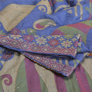 Sanskriti Vintage Blue Sarees 100% Pure Silk Hand Beaded Woven Sari Craft Fabric