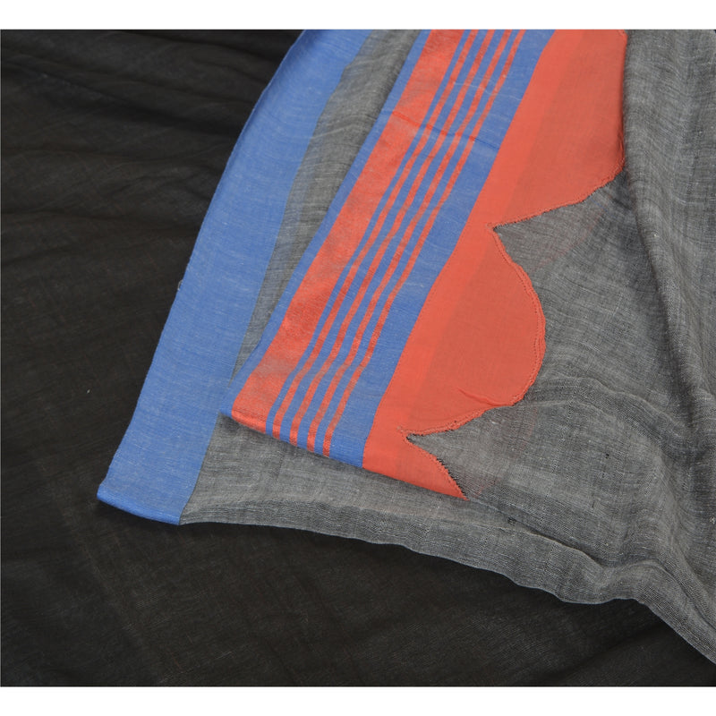 Sanskriti Vintage Saree Grey & Black 100% Pure Cotton 5.5+Yard Saree Embroidered Fabric Patch Work Woven Sari Craft Fabric Decor, Sewing,