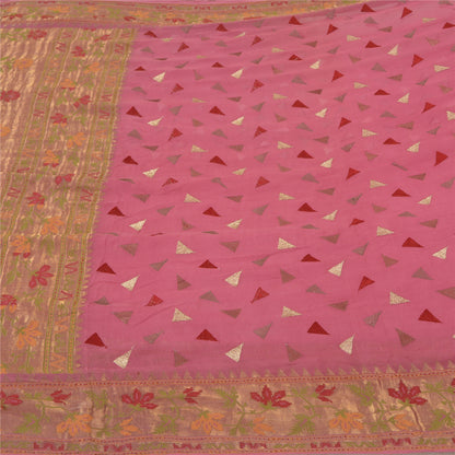 Sanskriti Vintage Pink Sarees Pure Georgette Silk Woven Sari 5 YD Craft Sustainable Fabric