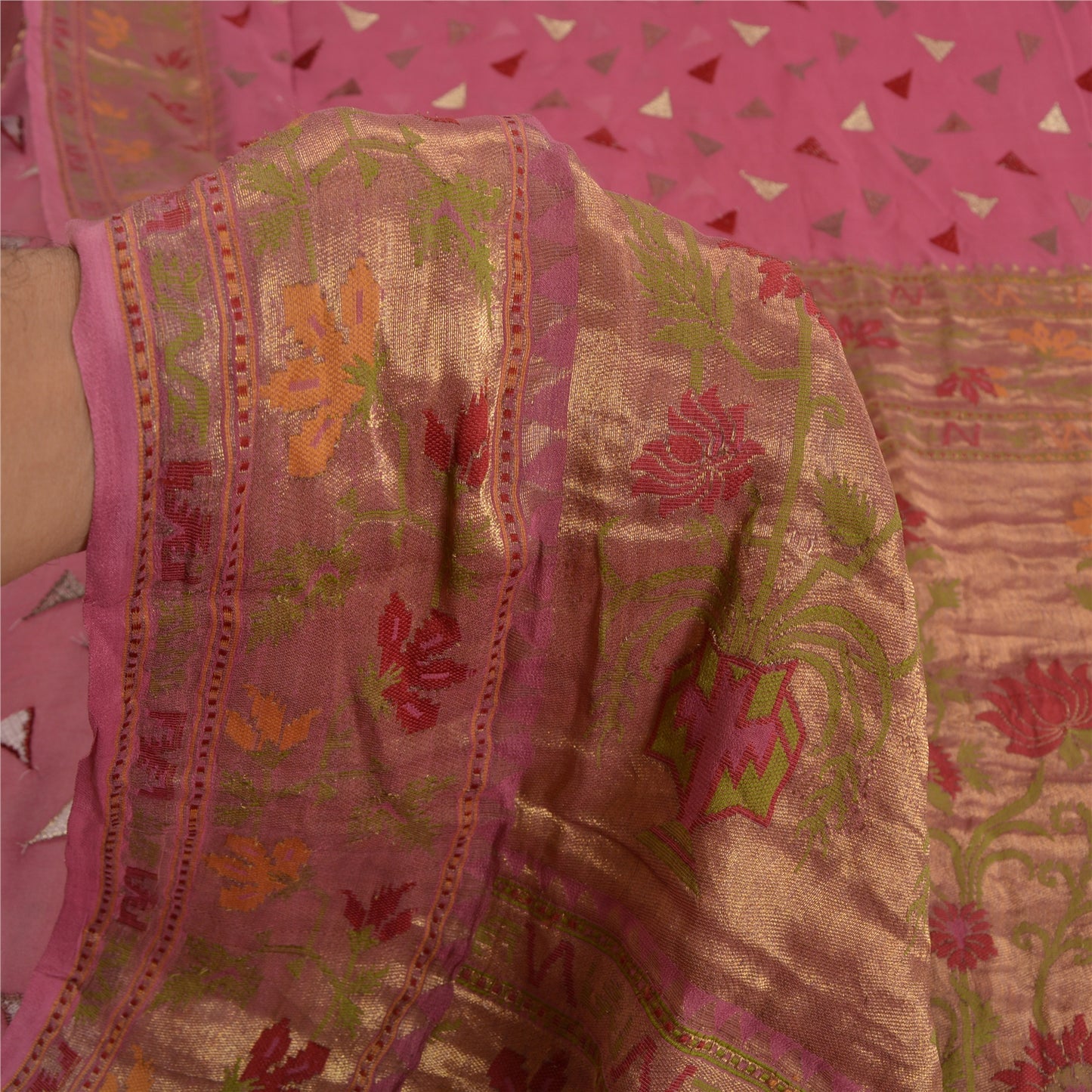 Sanskriti Vintage Pink Sarees Pure Georgette Silk Woven Sari 5 YD Craft Sustainable Fabric