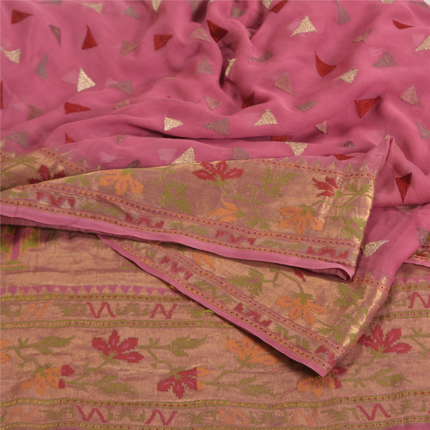 Sanskriti Vintage Pink Sarees Pure Georgette Silk Woven Sari 5 YD Craft Sustainable Fabric