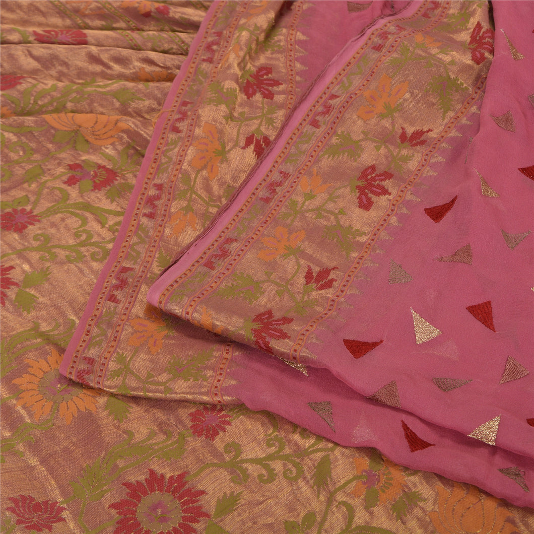 Sanskriti Vintage Pink Sarees Pure Georgette Silk Woven Sari 5 YD Craft Fabric