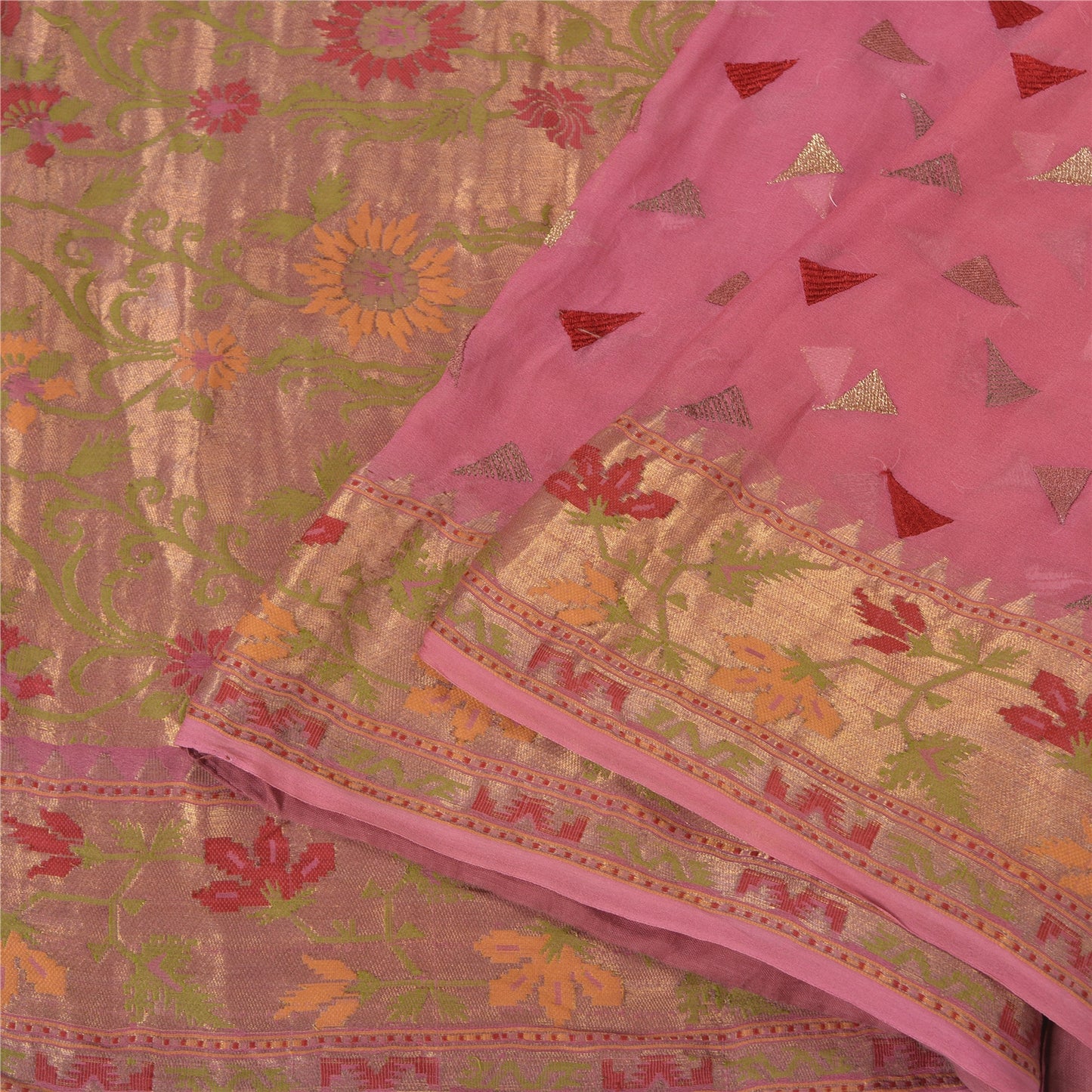 Sanskriti Vintage Pink Sarees Pure Georgette Silk Woven Sari 5 YD Craft Sustainable Fabric