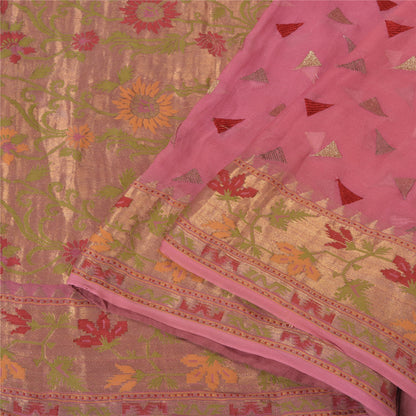 Sanskriti Vintage Pink Sarees Pure Georgette Silk Woven Sari 5 YD Craft Sustainable Fabric