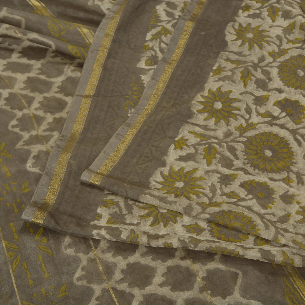 Sanskriti Vintage Brown/Cream Sarees Pure Cotton Hand-Block Printed Sari Fabric