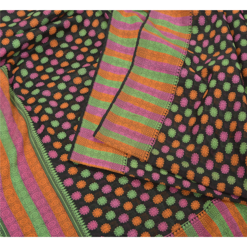 Sanskriti Vintage Black Blend Silk Saree: Woven Floral Craft Fabric (5 Yard) Create- Upcycled Sarongs, Scarves,Stoles, For DIY Projects