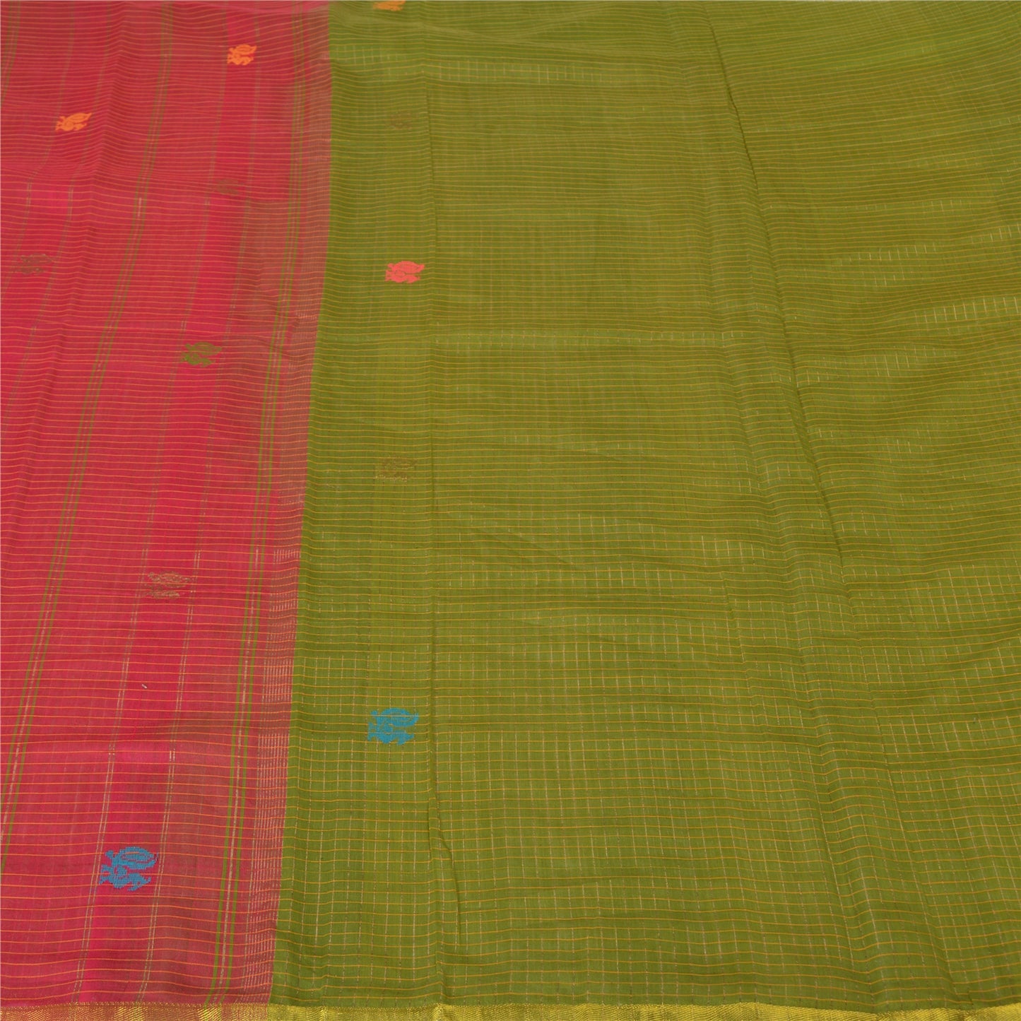 Сари Sanskriti Vintage Green/Red Sarees из смеси хлопка ручной работы, экологически чистая ткань для сари