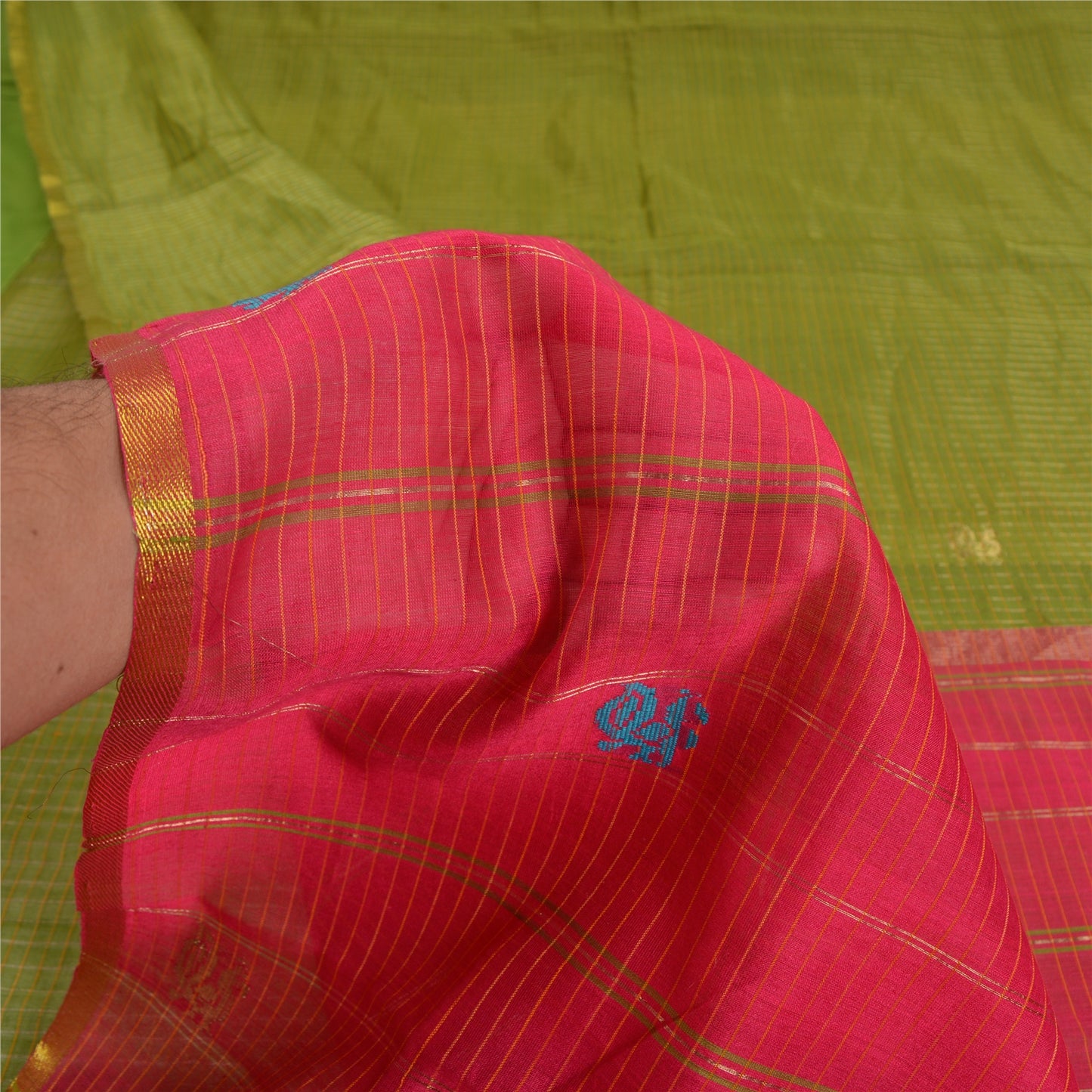 Сари Sanskriti Vintage Green/Red Sarees из смеси хлопка ручной работы, экологически чистая ткань для сари